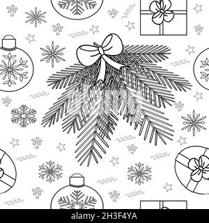 Spruce branch on a white background. Christmas coloring page. Christmass tree seamless pattern. Pattern for wrapping paper or textile. Stock Vector