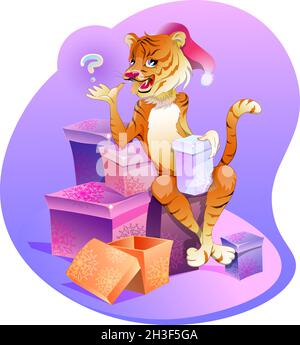A cartoon tiger sits on gift boxes. Happy New Year and Merry Christmas. Stock Vector