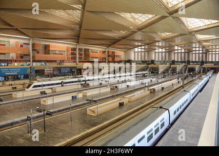 Zaragoza, Spain - Oct 23, 2021: Train platforms at Zaragoza Delicias Railway Station Stock Photo