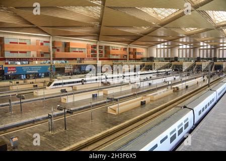 Zaragoza, Spain - Oct 23, 2021: Train platforms at Zaragoza Delicias Railway Station Stock Photo