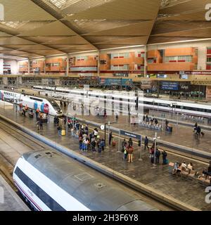 Zaragoza, Spain - Oct 23, 2021: Train platforms at Zaragoza Delicias Railway Station Stock Photo