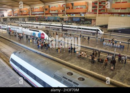 Zaragoza, Spain - Oct 23, 2021: Train platforms at Zaragoza Delicias Railway Station Stock Photo