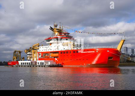 28/10/2021. River Thames Greenwich UK The RRS Sir David Attenborough is pictured moored at Greenwich to attending a three day festival ahead of the CO Stock Photo