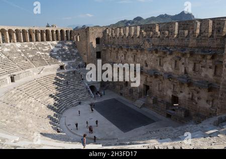 The Aspendos Theater is one of the best examples of a Roman Theater to be found anywhere.  It is so well preserved that it is still in use today. Stock Photo