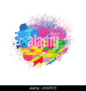 Bright colorful background. Isolated abstract graphic design template. Colored ball. Trendy brushing arts style decoration. Yellow, red, green, pink c Stock Vector