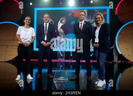 Group A, left to right, Austria head coach Irene Fuhrmann, Northern Ireland head coach Kenny Shiels, Norway head coach Martin Sjogren and England head coach Sarina Wiegman during the UEFA Women's Euro 2022 draw at O2 Victoria Warehouse, Manchester. Picture date: Thursday October 28, 2021. Stock Photo