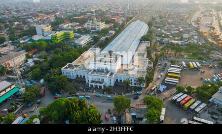 Aerial view of Tanjung Priok Railway Station. Jakarta, Indonesia, October 28, 2021 Stock Photo