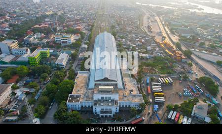 Aerial view of Tanjung Priok Railway Station. Jakarta, Indonesia, October 28, 2021 Stock Photo