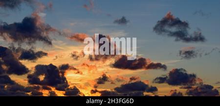 Panoramic Sunrise Sundown Sanset Sky with colorful clouds. Background of colorful sky concept. Stock Photo