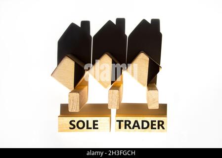 Sole trader symbol. Concept words 'Sole trader' on wooden blocks near miniature wooden houses from shadows. Beautiful white background. Business, sole Stock Photo