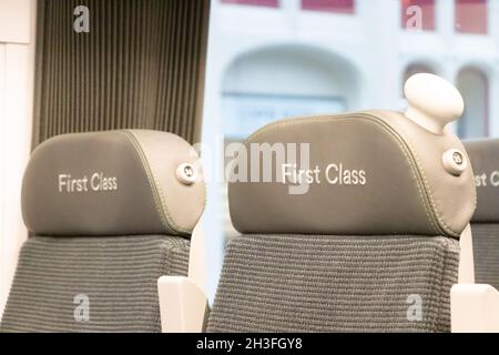 detail of headrests in interior First class carriage and seating  in UK train Stock Photo