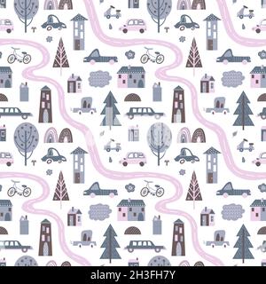 Scandinavian buildings pattern. Minimalist urban background, kids road map with houses transport. Nordic print decent vector seamless texture Stock Vector
