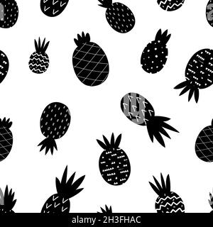 Black pineapple pattern. Exotic pineapples seamless texture. Doodle tropical fruits scandinavian style, childish textile print vector background Stock Vector