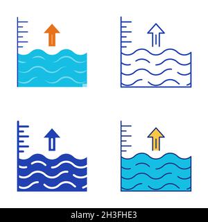 Sea level rise icon set in flat and line style. Vector illustration. Stock Vector
