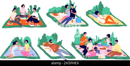 Picnic on nature. Family vacation, picnics spring or summer. People eat lunch in park, fun friends meet weekend. Healthy recreation utter vector Stock Vector