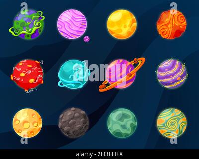 Cartoon fantasy planets. Space planet, slime or jelly satellites in universe. Game galaxy objects, funny cosmic elements recent vector set Stock Vector