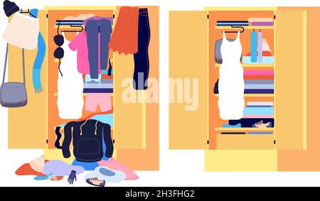 Wardrobe mess. Messy cloth, before after home clothes organization. Open cabinet clutter, tidy untidy fashion interior utter vector concept Stock Vector