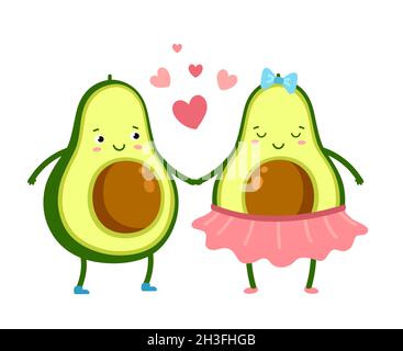 Cute avocado in love. Green fruits couple, cute vegetarian romantic food. Cartoon valentines day characters with hearts exact vector card Stock Vector