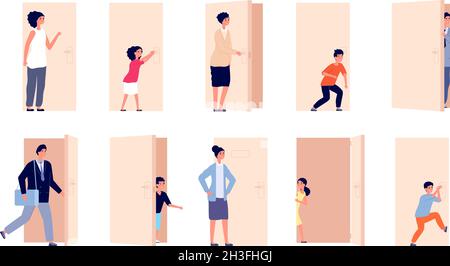Person and door. Men open doors, business people closed and opened entry. Cartoon man woman pass, kid overhear and hold knob utter vector set Stock Vector