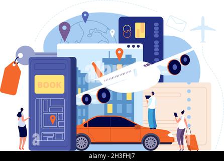 Booking travel. Web ticket flight, online app for rent hotel. Mobile service for vacation, smartphone reservation travel utter vector concept Stock Vector