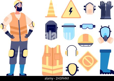 Builder safety equipment. Construction worker, protection and work gear. Man in vest glasses helmet, personal health utter vector concept Stock Vector