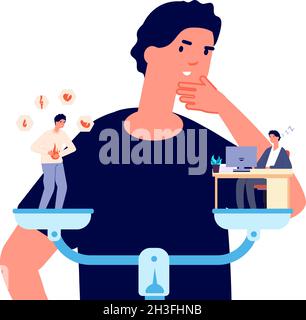 Man choose between health and hard work. Guy thinks and makes choices, burnout at job or body problems vector concept Stock Vector