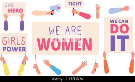Women rights banners. Woman power, girl rights protest. International female community, hand hold diverse feminism utter social placards vector set Stock Vector
