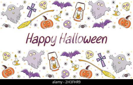 Bright line art illustration with halloween symbols. Background with happy halloween congratulations Stock Vector