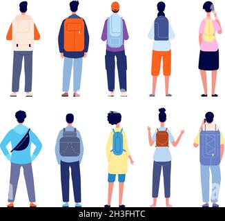 Backpackers characters. Travelling equipment, people backpack on back. Travel person stand with their backs, hiking or vacations utter vector set Stock Vector