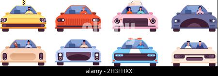 People driving car. Journey style, young character travel with pet. Taxi driver, auto front side with passengers. Utter transport vector set Stock Vector