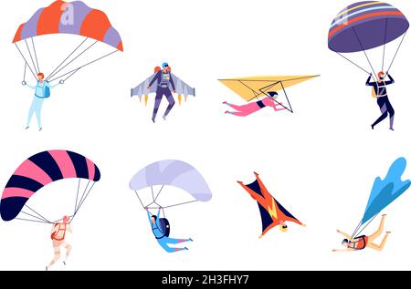 Extreme sports. Recreation, parachute sportsman jumps. Active hobbies, people on gliders paraglider flying, skydive utter vector characters Stock Vector