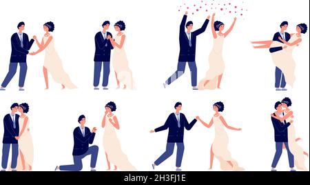 Bride and groom. Wedding couple, engagement or marriage party. Wed celebrations, cartoon man woman dance in love and kiss utter vector characters Stock Vector