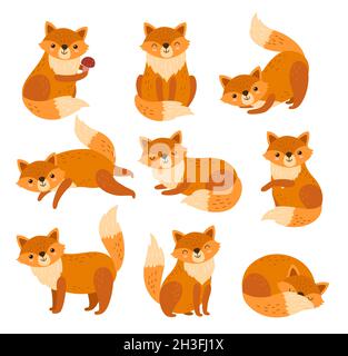 Cute cartoon fox. Forest foxes, red animals with fluffy tails. Flat foxy character running or standing, isolated wildlife symbols exact vector set Stock Vector