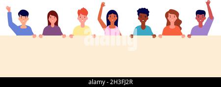 Kids hold empty banner. Fun children, diverse people with frame. School boy girl placard, isolated cartoon child with poster utter vector concept Stock Vector