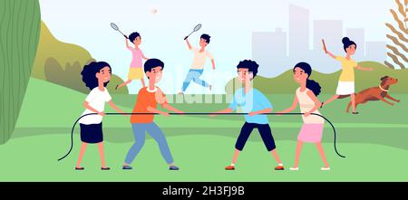 Kids tug of war. Outdoor child games, cartoon kid competition. Girl boy pull rope, play badminton or with dog flat utter vector illustration Stock Vector