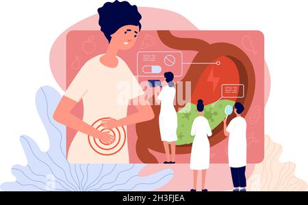 Gastroenterology. Medicine people, person stomach examination. Ultrasound endoscopy ill abdomen diagnosis. Digestive indigestion utter vector concept Stock Vector