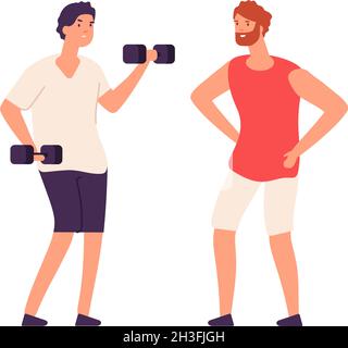 Sport guy swinging with dumbbells. Sporting workout with personal trainer. Isolated flat bodybuilder vector character Stock Vector