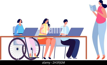 Accessible environment. Disabled child in school, collaborative learning and integration. Disability problems, kids adaptation vector illustration Stock Vector