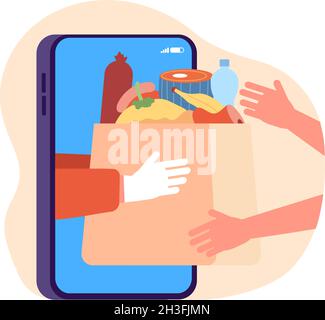 Online food store shopping. Grocery contactless delivery, flat internet supermarket app. Goods package from shop to home utter vector concept Stock Vector