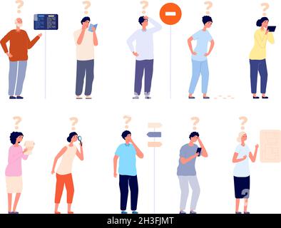 People ask. Businessman asking question, interrogative mark or questions. Think about problem, finding answer. Utter confused vector characters Stock Vector