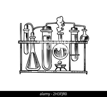 Flasks for chemical experiments. Laboratory still life. Glass equipment. Alchemy glassware for perfumery and cosmetics making. Education doodle icon Stock Vector