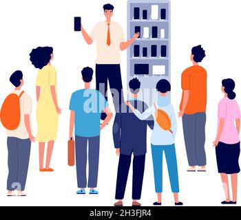 Promotion man. Promotional marketing, seller speaking with people. Guy product stand advertise new goods, presentation utter vector concept Stock Vector