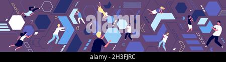 Coworking process. Working abstract puzzle, teamwork or collaboration problems. Flat geometric shapes, cartoon partnership utter vector banner Stock Vector