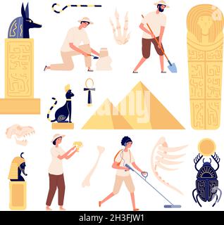 Archeology characters. Paleontologist discoveries skull, archeologists with instruments. Flat egyptian artefacts and fossil utter vector set Stock Vector