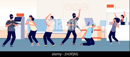 Robbery. Bank criminals, hostages and thieves, afraid characters. Armed men in masks and with weapons attacked men and women vector illustration Stock Vector