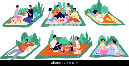 Family picnic. Fun nature picnics, flat families eat outside together. Cartoon people relax, couple weekend park recreation utter vector concept Stock Vector