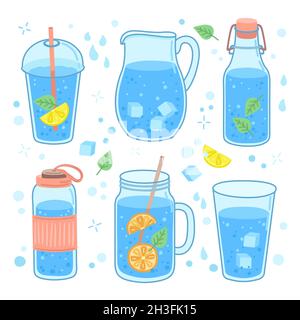 Drink water concept. More drinking, glass bottle cup and mug. Healthy trendy lifestyle, zero waste and reusable plastic thermos exact vector set Stock Vector