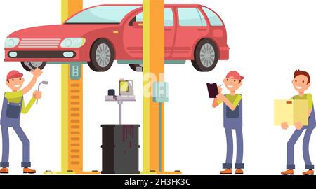 Auto service. Car repair, mechanic characters and auto. Changing oil in vehicle and finding breakdown vector concept Stock Vector