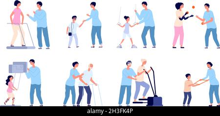 Rehabilitation and therapy. Health exercising, wellness clinic after injury. Physiotherapist care, doctor and exercise equipment utter vector set Stock Vector