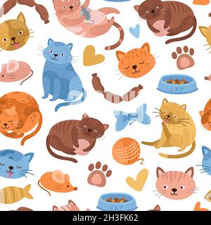 Kitten pattern. Cartoon cat, cute animal seamless background. Doodle fun pets print, childish or veterinary textile exact vector illustration Stock Vector